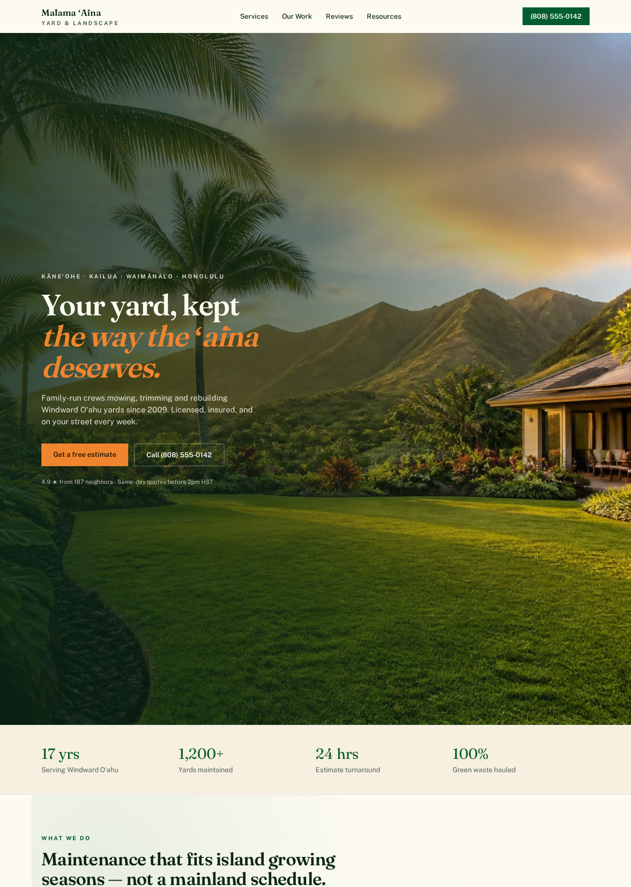 Screenshot of Koa's exemplary landscaping landing page