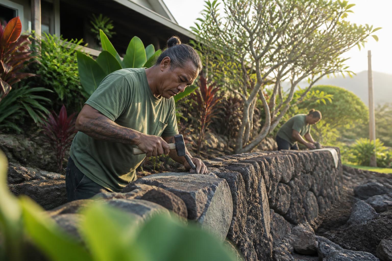 Local tradespeople building a stone wall in Hawai'i